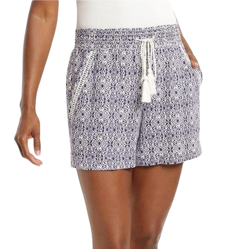 Briggs Women's Linen Blend Shorts with Tassel Drawstring Blue Print. Small #220